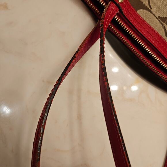 Coach Purse: Beige Signature Canvas + Red Patent Leather, Authentic Zipped Tote - Picture 12 of 13